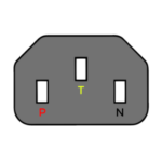 Connecteur IEC de type C14 gris sur fond transparent avec l'identification des trois broches : Phase, Terre et Neutre